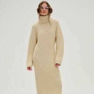 BNWT For Love & Lemons Milana Sweater Maxi Dress Brown Cable Knit Turtleneck M